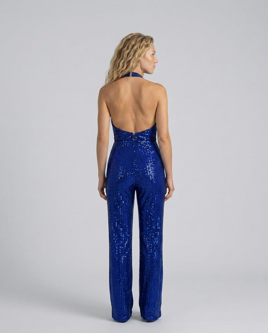 Sequin Cowl Neck Halter Jumpsuit