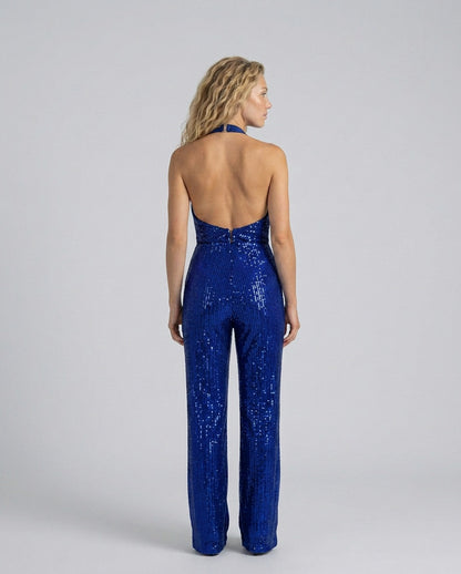 Sequin Cowl Neck Halter Jumpsuit