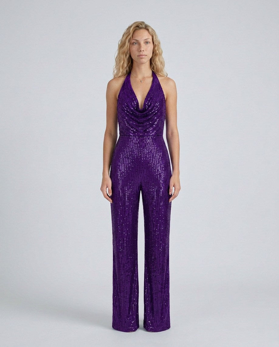 Sequin Cowl Neck Halter Jumpsuit