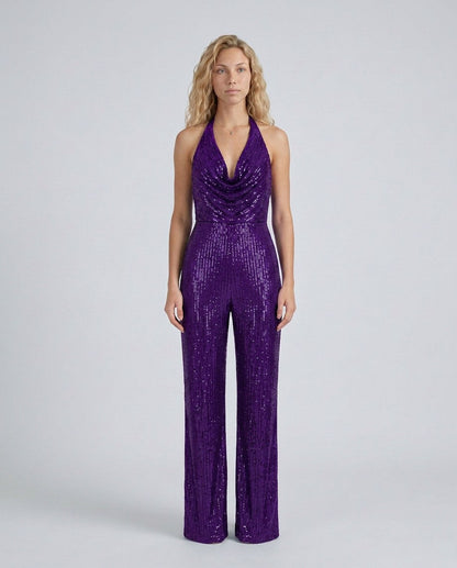 Sequin Cowl Neck Halter Jumpsuit