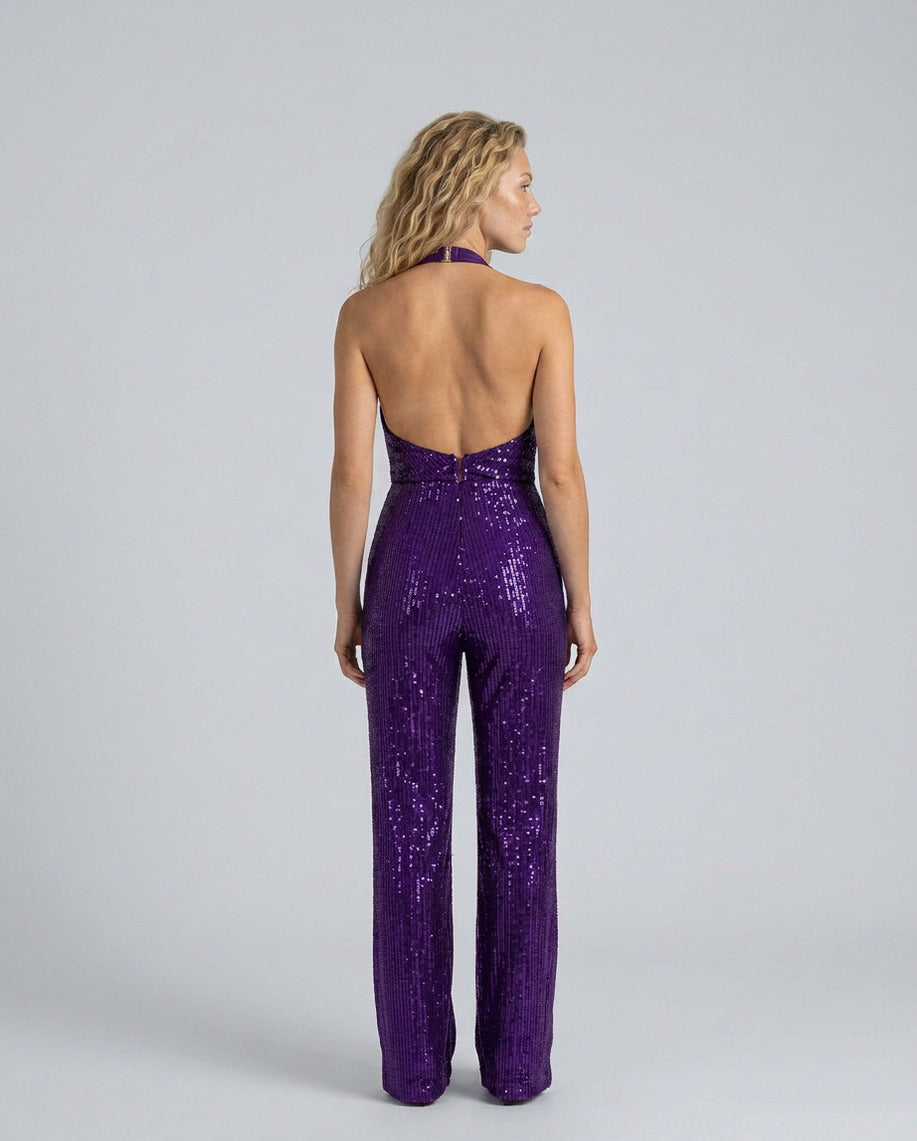 Sequin Cowl Neck Halter Jumpsuit