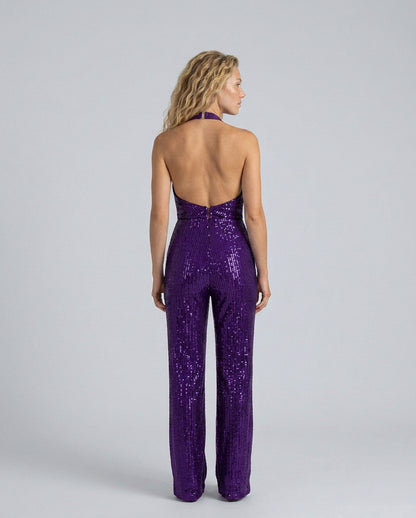 Sequin Cowl Neck Halter Jumpsuit