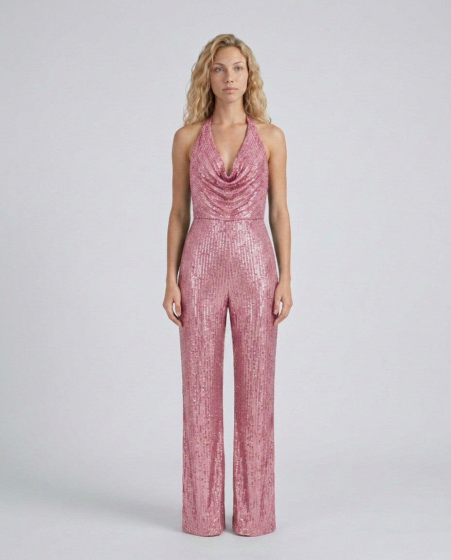 Sequin Cowl Neck Halter Jumpsuit