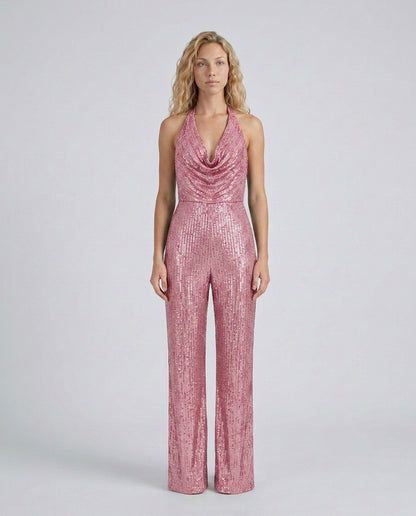 Sequin Cowl Neck Halter Jumpsuit