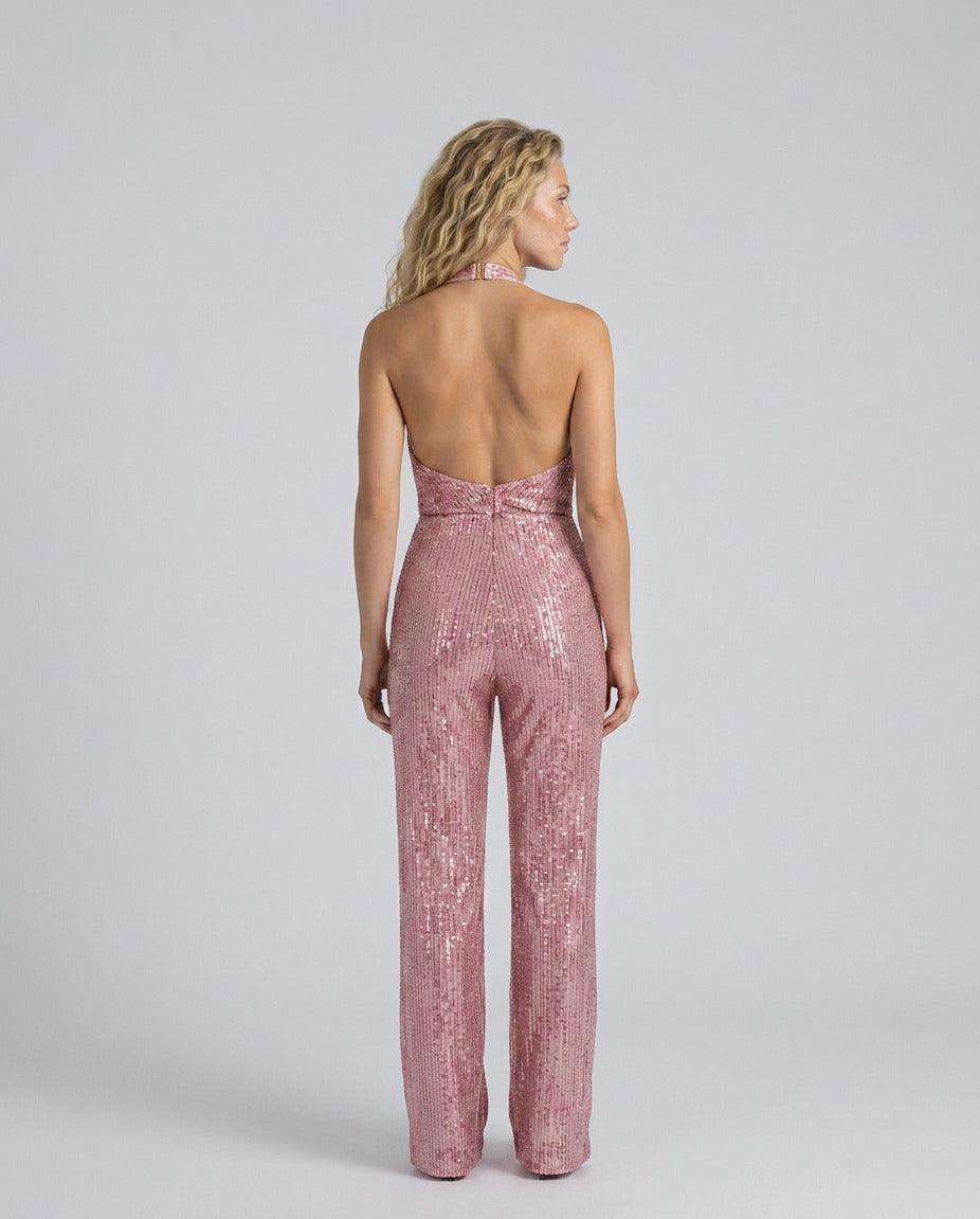 Sequin Cowl Neck Halter Jumpsuit