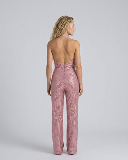 Sequin Cowl Neck Halter Jumpsuit
