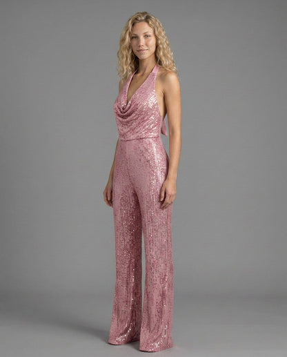 Sequin Cowl Neck Halter Jumpsuit