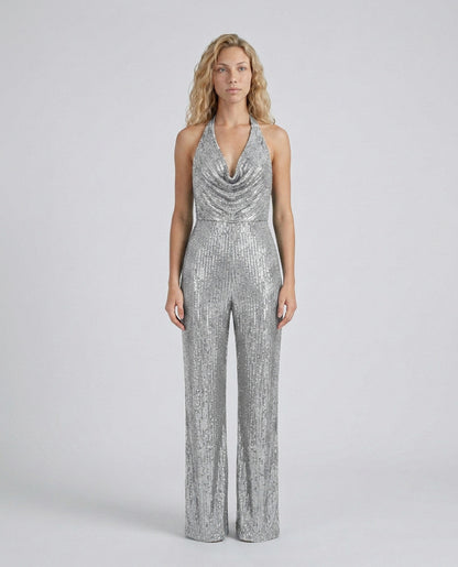 Sequin Cowl Neck Halter Jumpsuit
