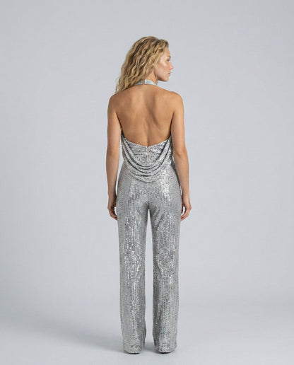 Sequin Cowl Neck Halter Jumpsuit