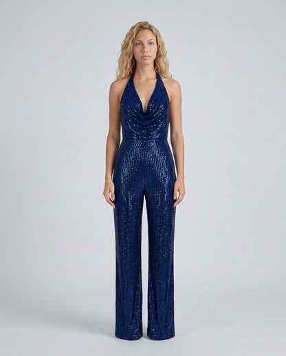Sequin Cowl Neck Halter Jumpsuit
