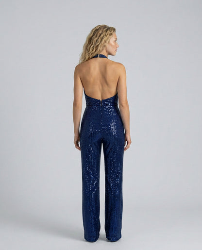Sequin Cowl Neck Halter Jumpsuit