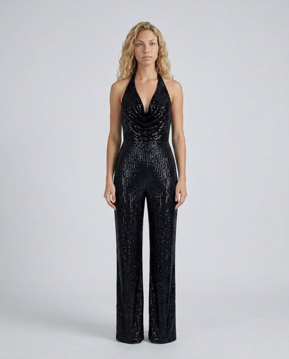 Sequin Cowl Neck Halter Jumpsuit