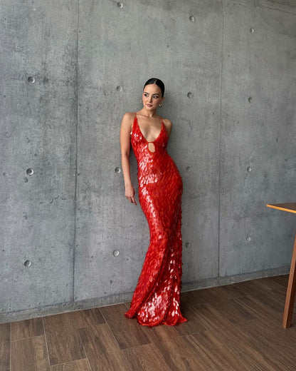 Sequin Cutout Slip Maxi Dress