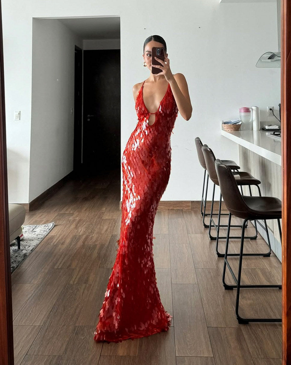 Sequin Cutout Slip Maxi Dress