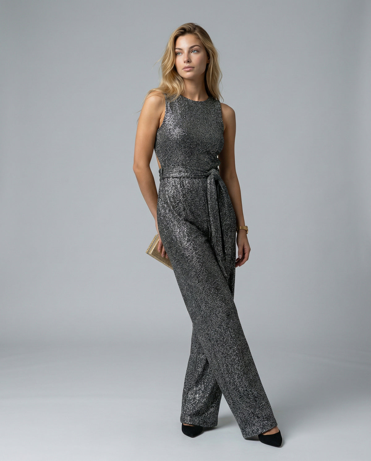 Sequin Cutout Tie Waist Jumpsuit
