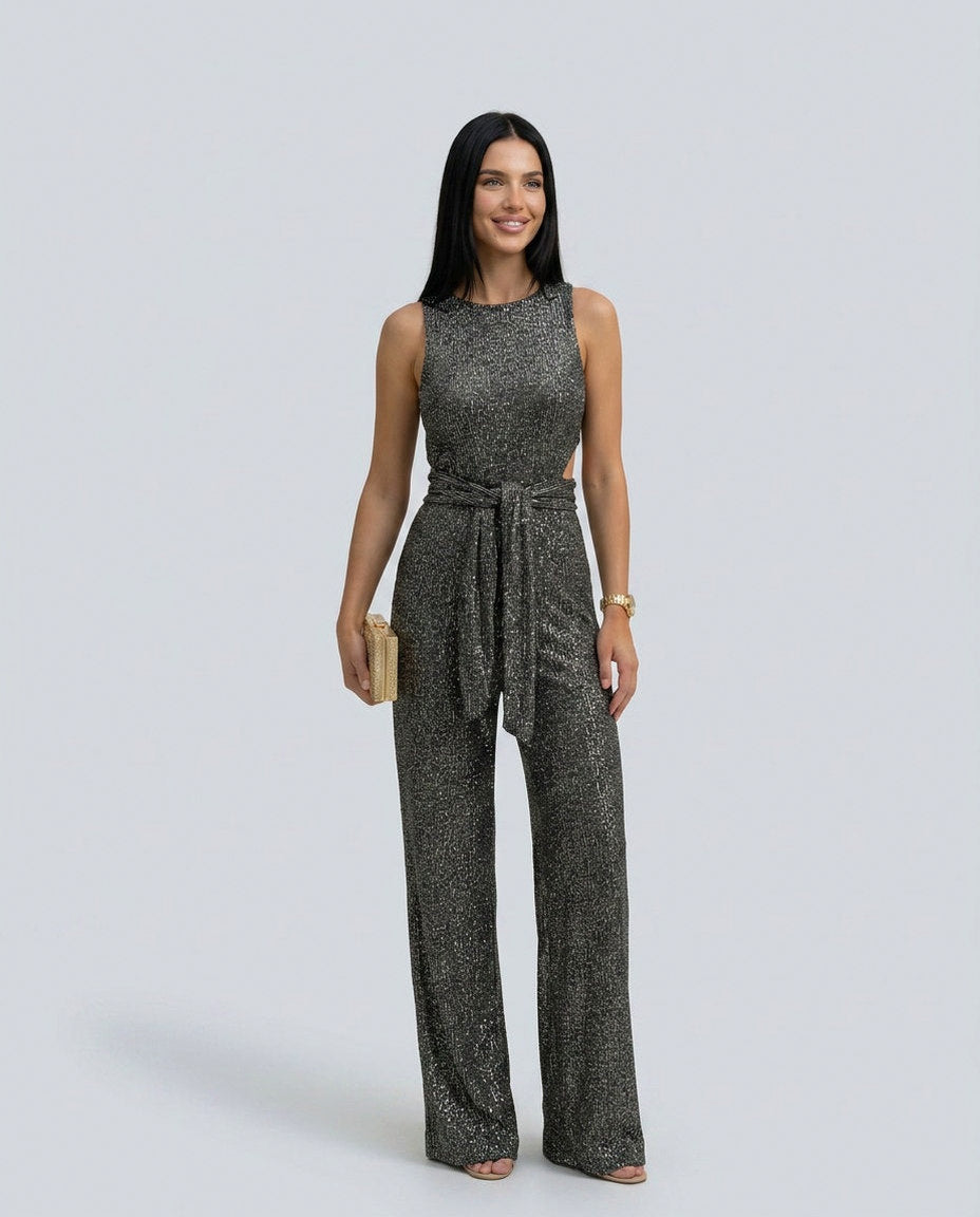 Sequin Cutout Tie Waist Jumpsuit
