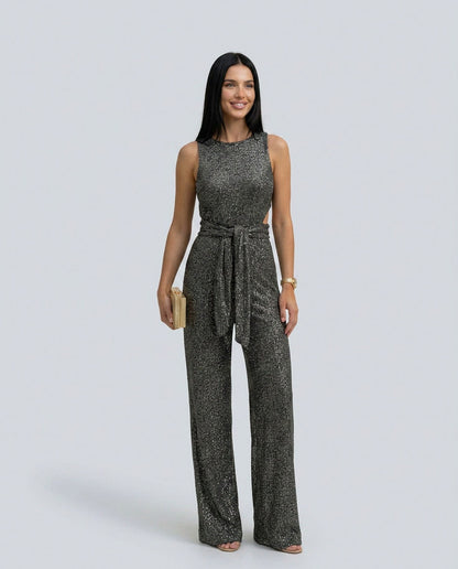 Sequin Cutout Tie Waist Jumpsuit