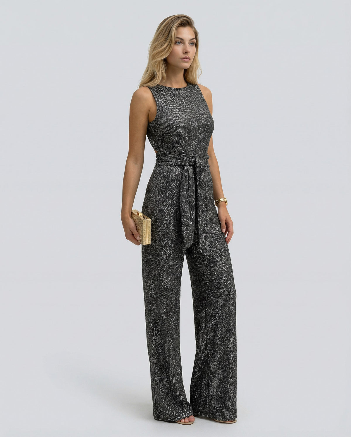 Sequin Cutout Tie Waist Jumpsuit