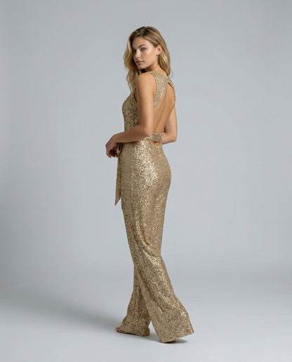 Sequin Cutout Tie Waist Jumpsuit