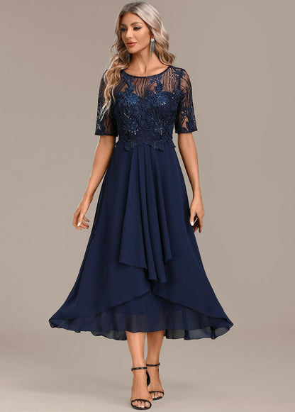 Sequin Embroidered Short Sleeve Draped Midi Dress