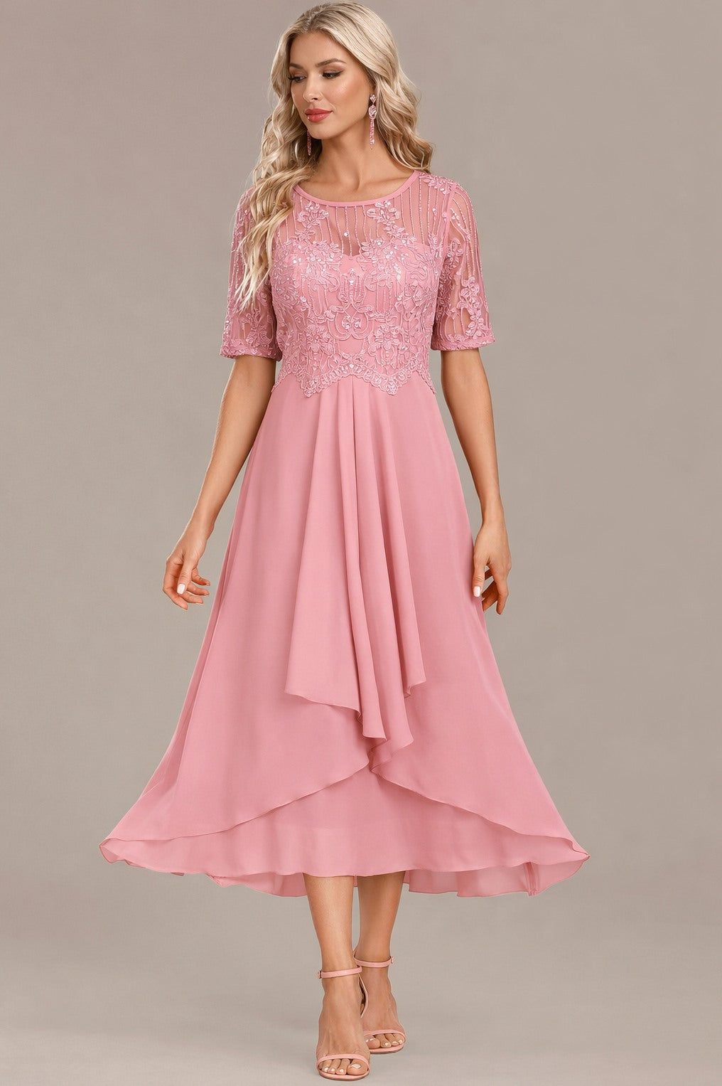 Sequin Embroidered Short Sleeve Draped Midi Dress