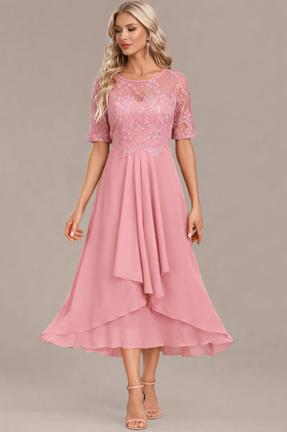 Sequin Embroidered Short Sleeve Draped Midi Dress