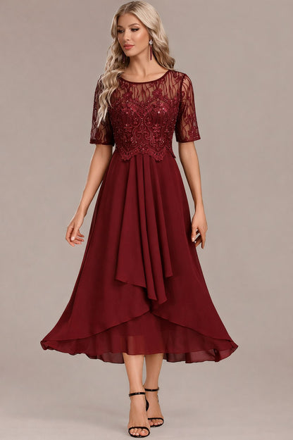 Sequin Embroidered Short Sleeve Draped Midi Dress
