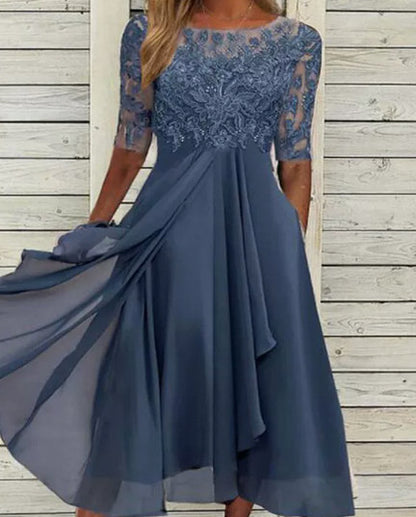 Sequin Embroidered Short Sleeve Draped Midi Dress