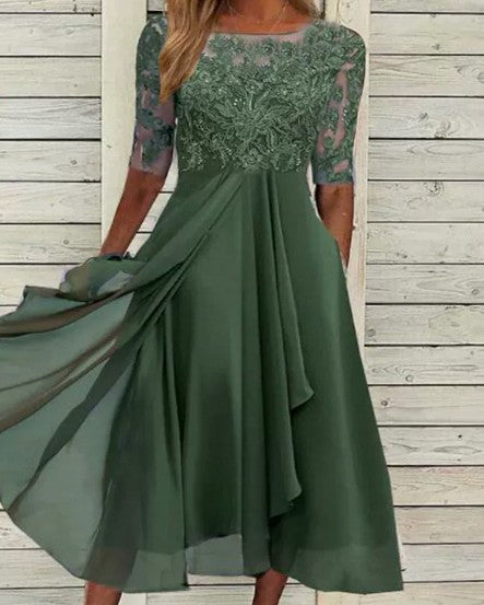 Sequin Embroidered Short Sleeve Draped Midi Dress
