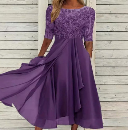 Sequin Embroidered Short Sleeve Draped Midi Dress