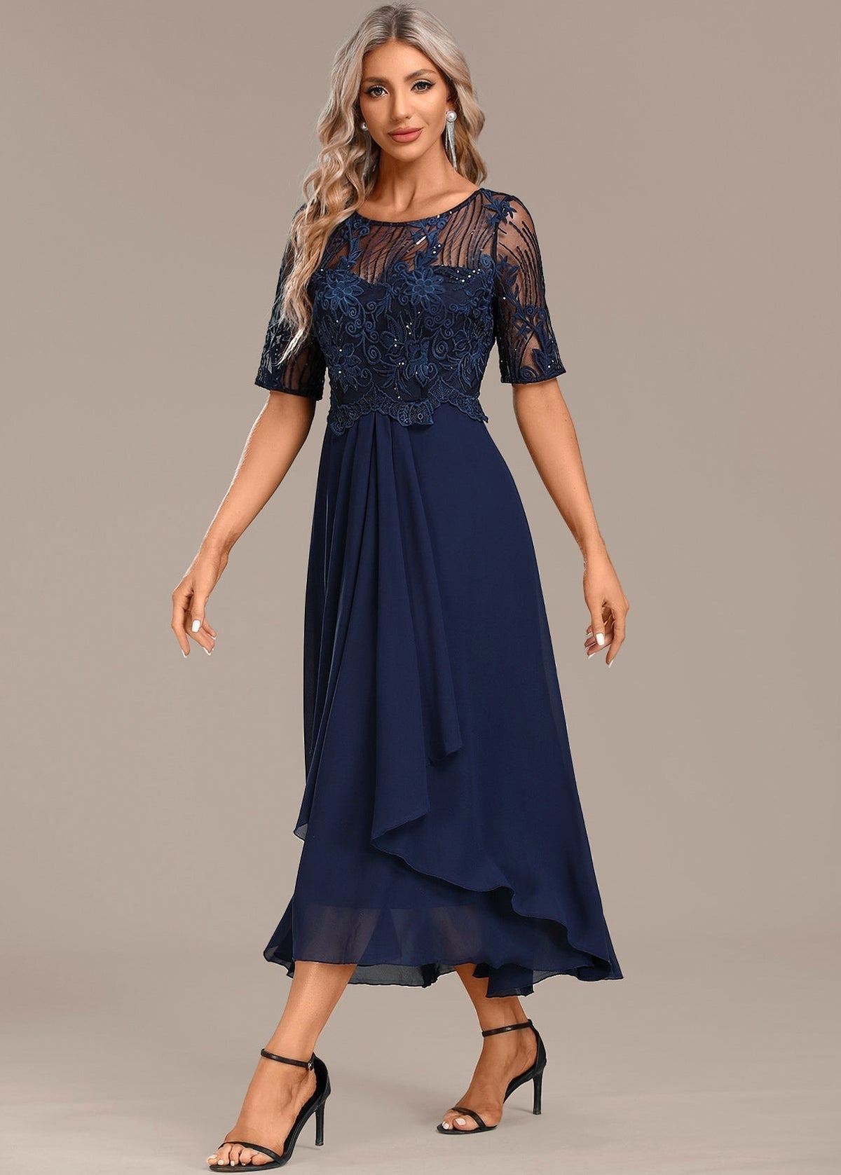 Sequin Embroidered Short Sleeve Draped Midi Dress