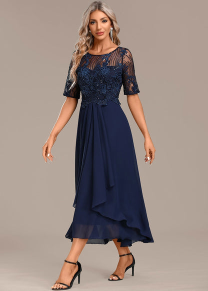 Sequin Embroidered Short Sleeve Draped Midi Dress