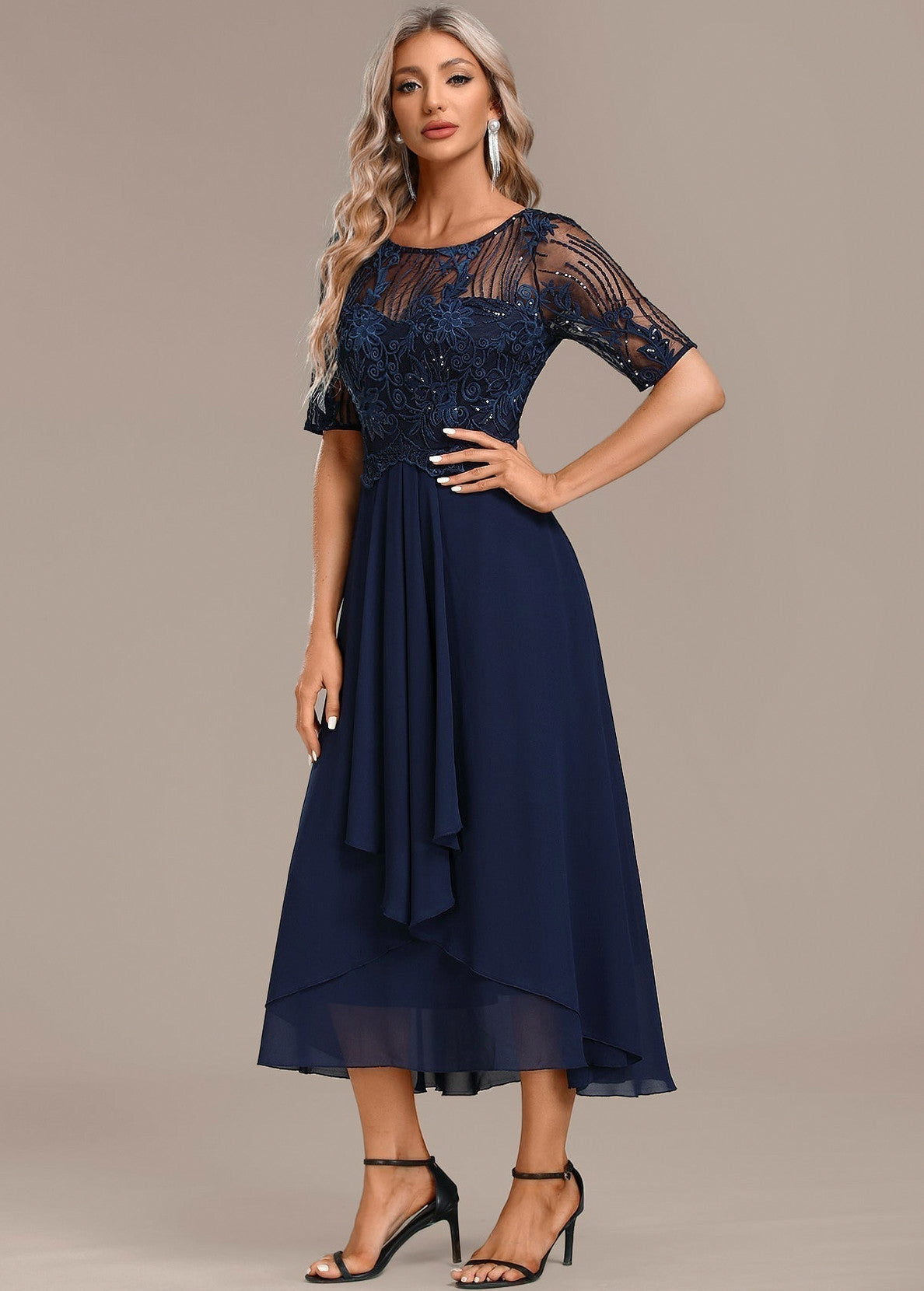 Sequin Embroidered Short Sleeve Draped Midi Dress