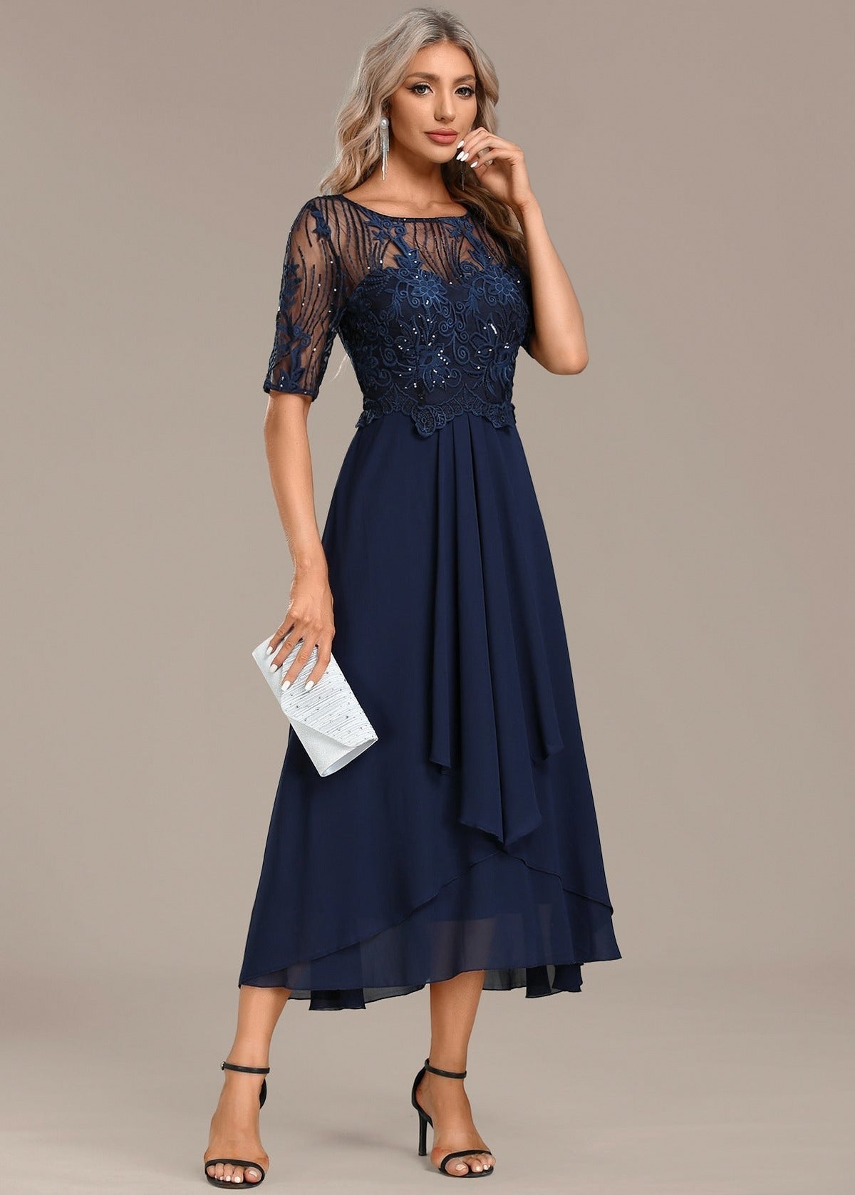 Sequin Embroidered Short Sleeve Draped Midi Dress