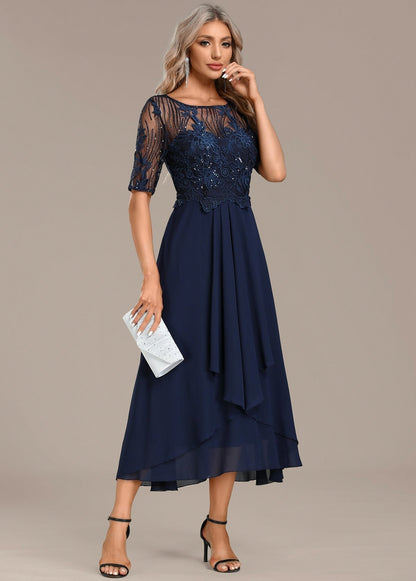 Sequin Embroidered Short Sleeve Draped Midi Dress