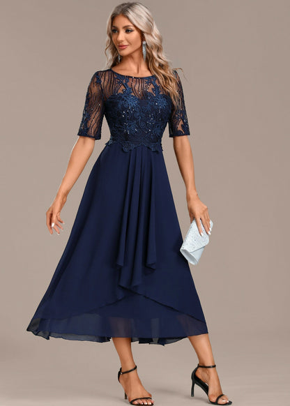 Sequin Embroidered Short Sleeve Draped Midi Dress