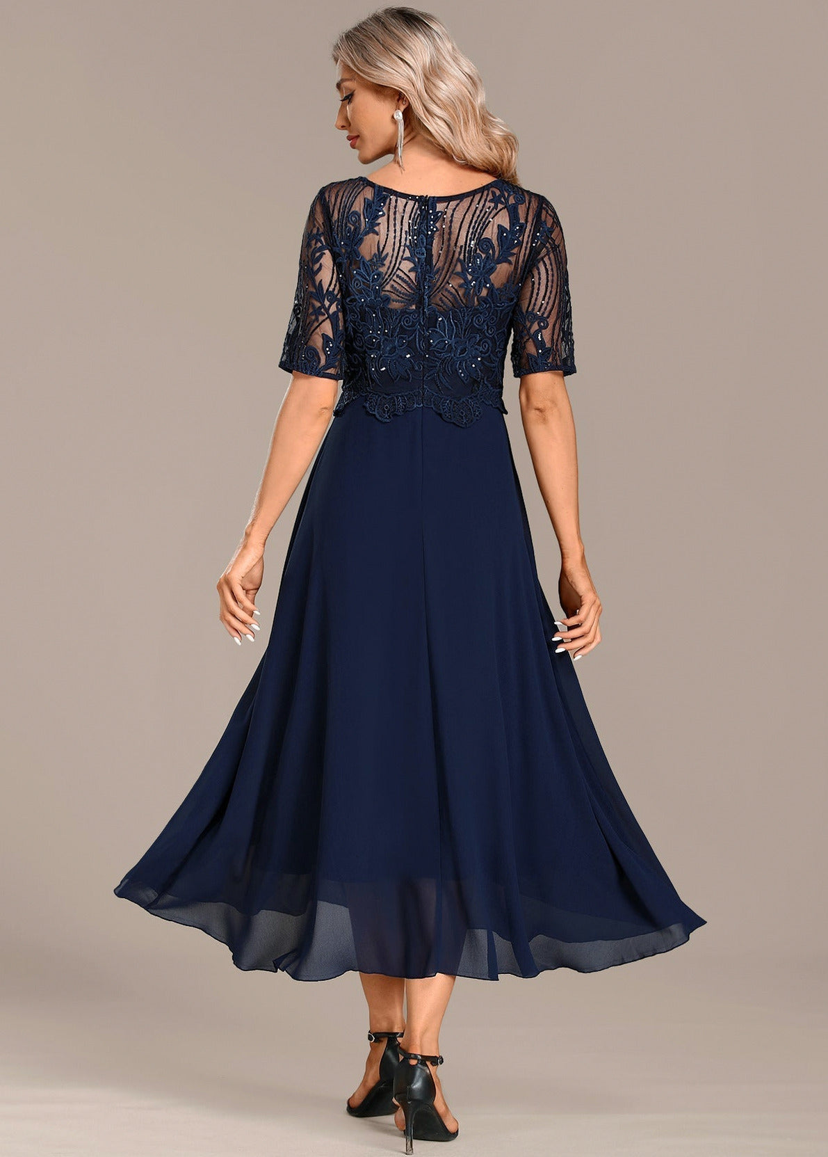 Sequin Embroidered Short Sleeve Draped Midi Dress