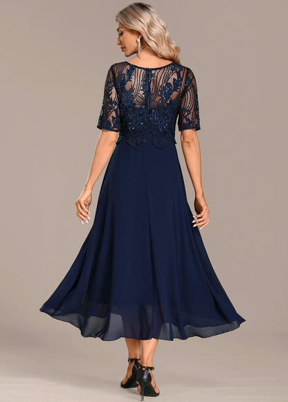 Sequin Embroidered Short Sleeve Draped Midi Dress