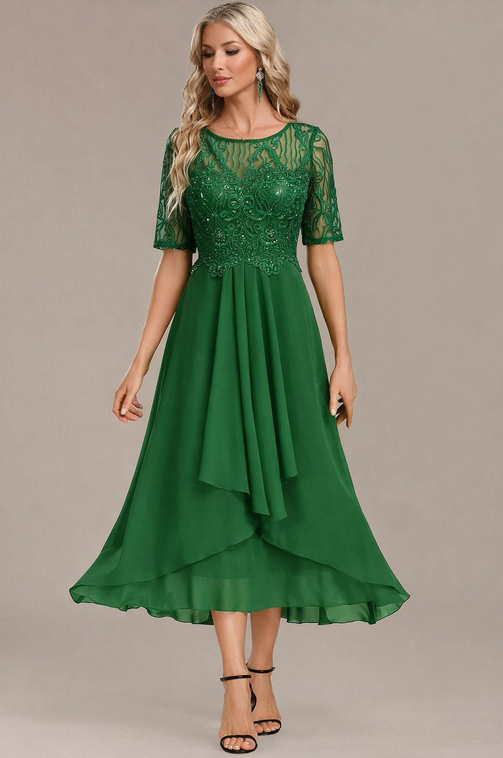 Sequin Embroidered Short Sleeve Draped Midi Dress