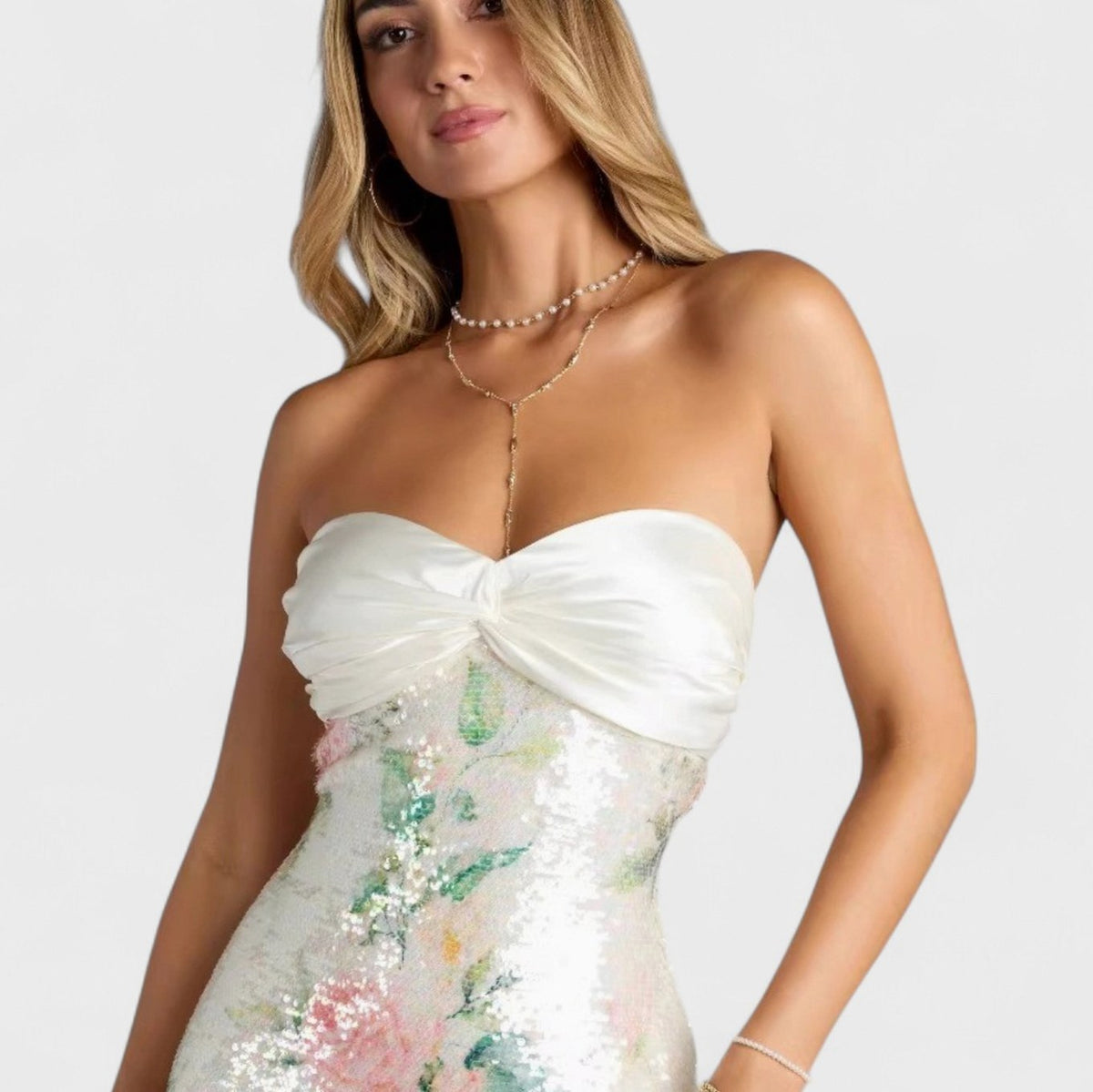 Sequin Floral Strapless Mini Dress