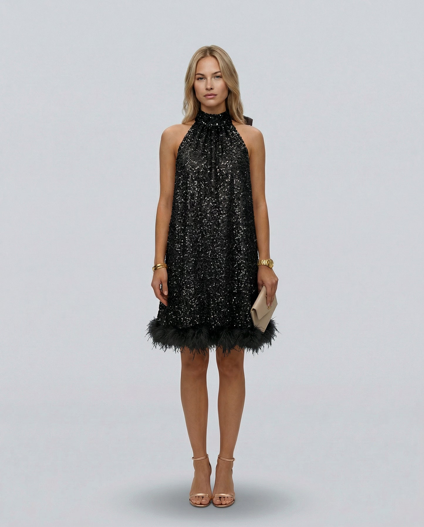 Sequin Halter Feather Hem Mini Dress