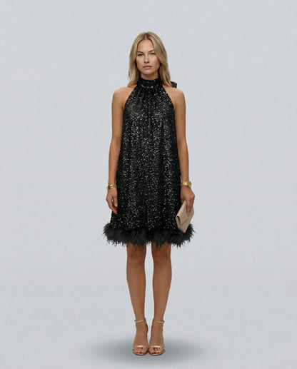 Sequin Halter Feather Hem Mini Dress