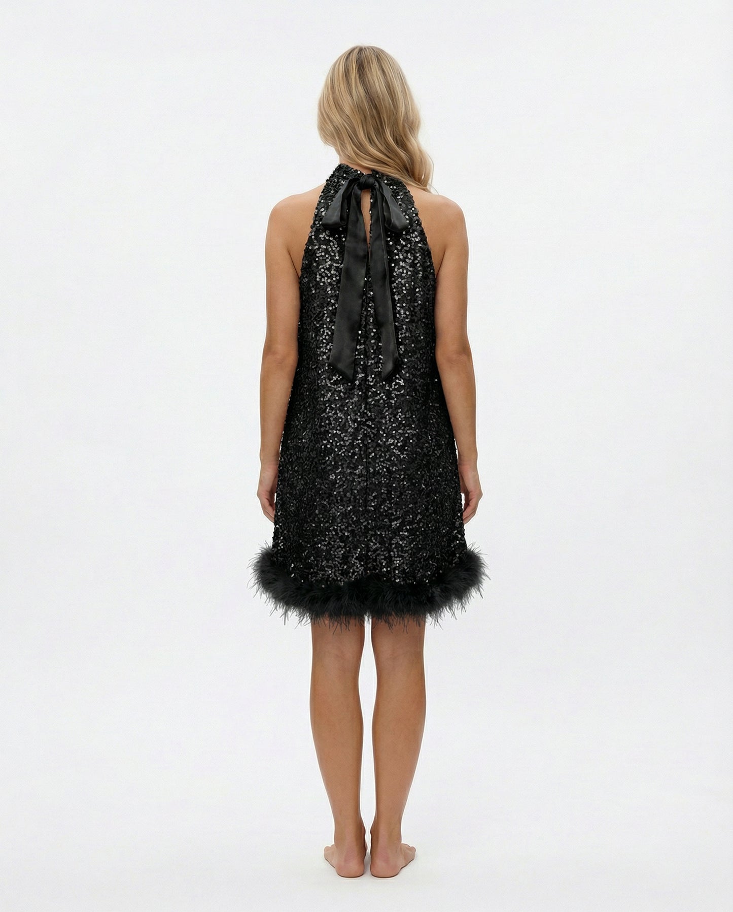 Sequin Halter Feather Hem Mini Dress