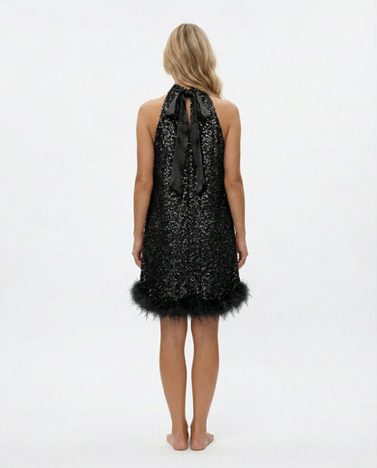 Sequin Halter Feather Hem Mini Dress