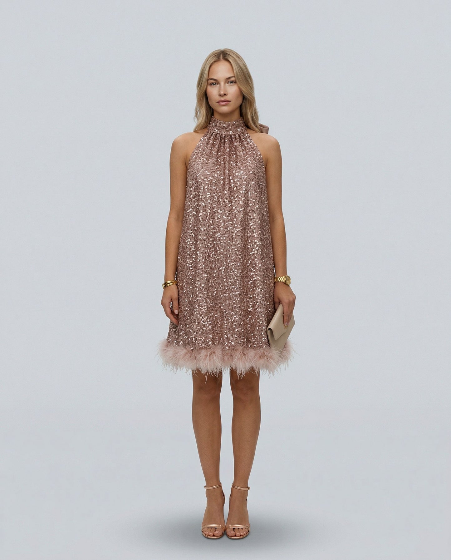 Sequin Halter Feather Hem Mini Dress