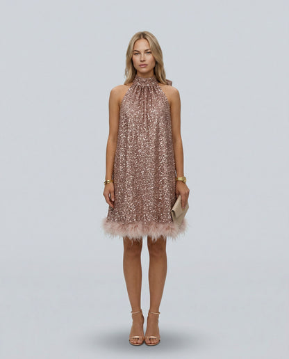 Sequin Halter Feather Hem Mini Dress