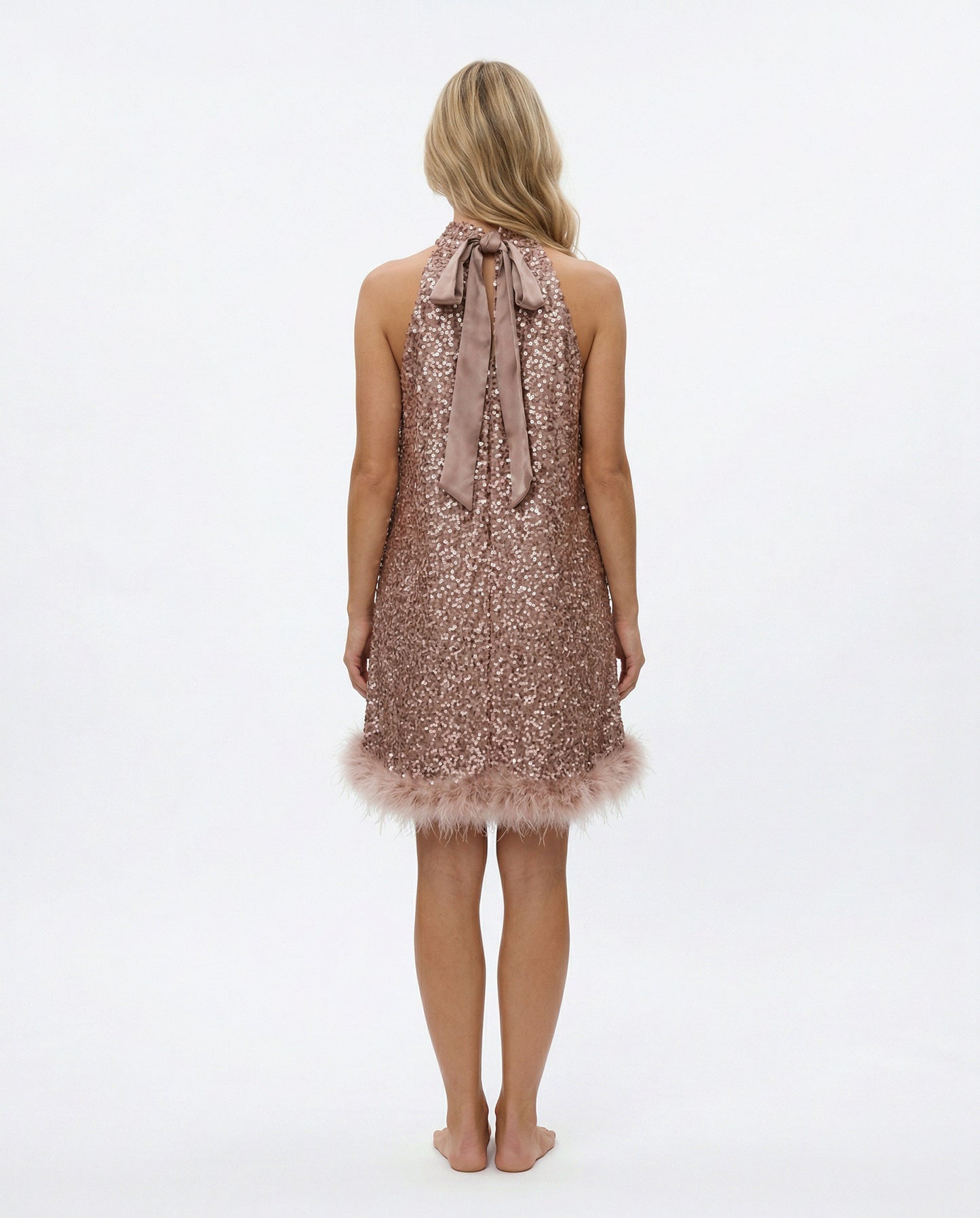 Sequin Halter Feather Hem Mini Dress