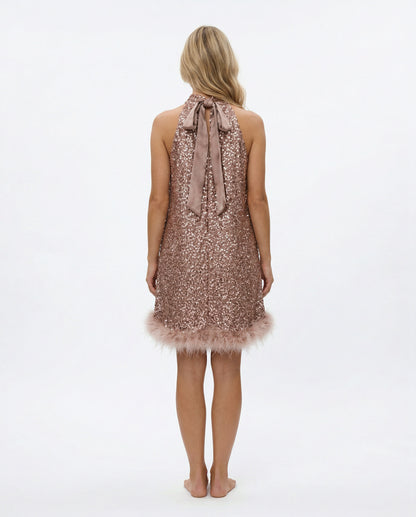 Sequin Halter Feather Hem Mini Dress