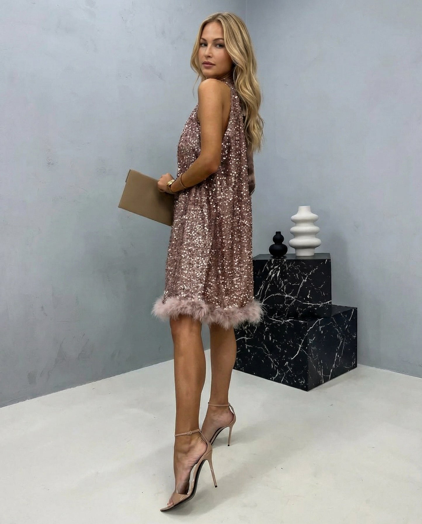 Sequin Halter Feather Hem Mini Dress