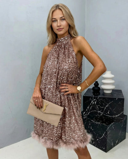 Sequin Halter Feather Hem Mini Dress
